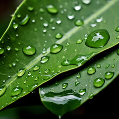 Macro shot of water droplets on a leaf. 