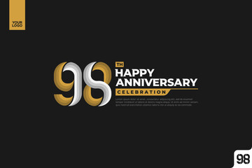98th happy anniversary celebration with gold and silver on white background.