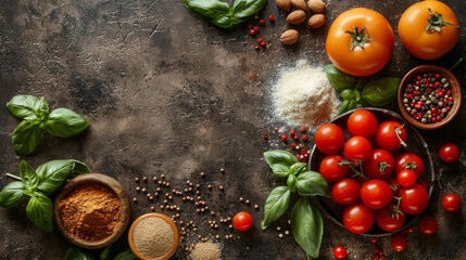 Food cooking background. Ingredients, vegetables, spices and herds on the slate background. With copy space. Top view.  - obrazy, fototapety, plakaty