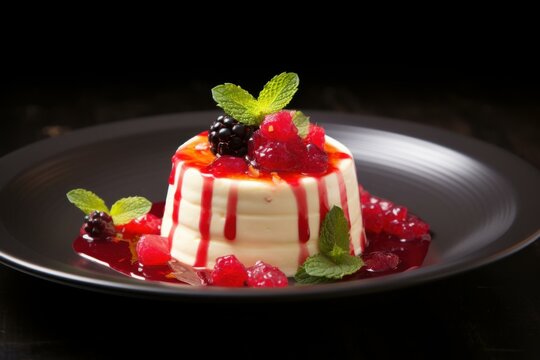 Refreshing Pana cotta dessert plate. Sweet food. Generate Ai