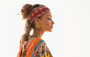 Fototapeta premium A woman wearing a colorful scarf and gold earrings is standing in front of a white background. The woman is posing for a photo