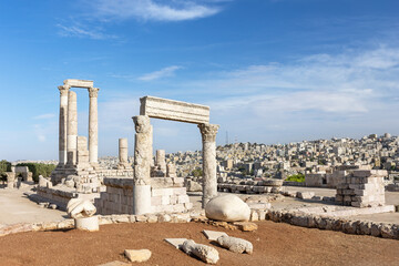 Temple Of Hercules At Amman Citadel In Jordan. Horizontally. 