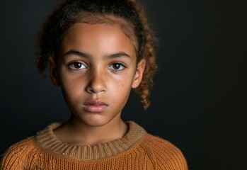 A young girl with brown hair and brown eyes is wearing a brown sweater. She is looking directly at the camera