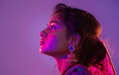 A woman with purple hair and blue earrings is standing in front of a white background. The image has a vibrant and colorful mood, with the purple hair and earrings adding a pop of color to the scene