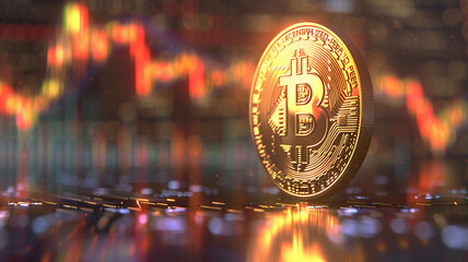 A shiny gold Bitcoin coin with a blurry stock market in the background symbolizes the intersection of the cryptocurrency market and traditional financial markets.