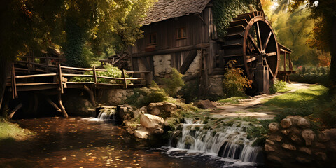 A traditional watermill,  old mill in the forest, forest water mill, A house with a water wheel on the water, Generative AI