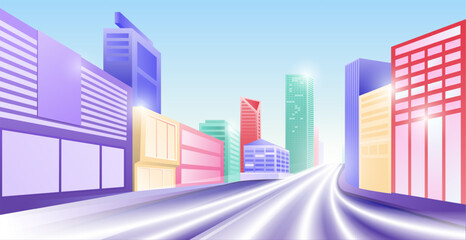 Highway, empty road into the city with modern buildings on both sides of the road