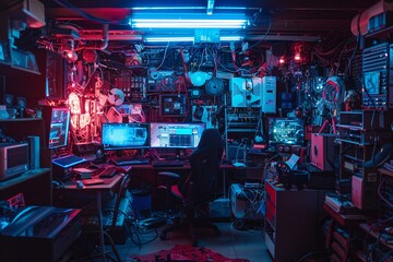Neon-Lit Tech Lab A Glowing Oasis for Tech Enthusiasts Generative AI