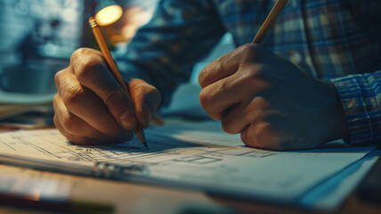 Close-up of a male architect's hand drafting a project or working on a detailed design.