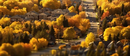 Deurstickers seen from above the city settlements in autumn with yellow and red leaves © gufron