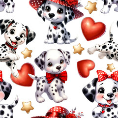 Bright and colorful seamless pattern with cute Dalmatian puppies. Seamless children's illustration with funny dogs.