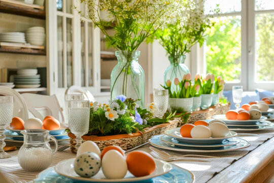 A wooden table decorated with plates and vases filled with colorful flowers for Easter celebration