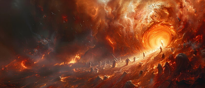 Fiery Hearth Glow, inferno hell gate to entrance depth hell, Fiery Sunset Sky, people spirits into hell, death day