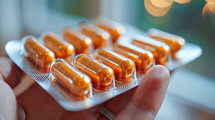 Hand holding orange Capsule pills in the blister package. Capsules in hand. Packaging of pills for pain or medical treatment. Healthcare and medicine concept. Drug prescription for medical treatment. - obrazy, fototapety, plakaty