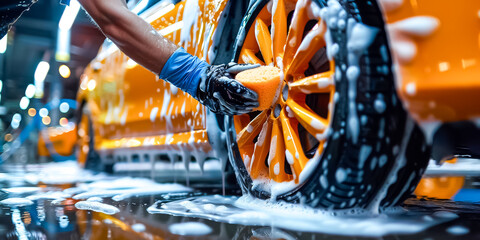 Car wash with foam soap. Close-up of a worker's hand with protective gloves washing a yellow car alloy wheel with a sponge. Car Wash Banner with Copy Space - obrazy, fototapety, plakaty