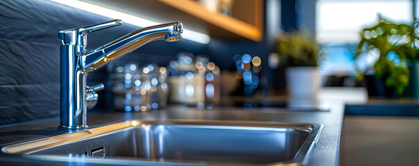 Close-up of stainless steel kitchen sink and chrome faucet in modern kitchen with copy space - obrazy, fototapety, plakaty