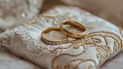 Gold wedding rings on ring pillow room for text 