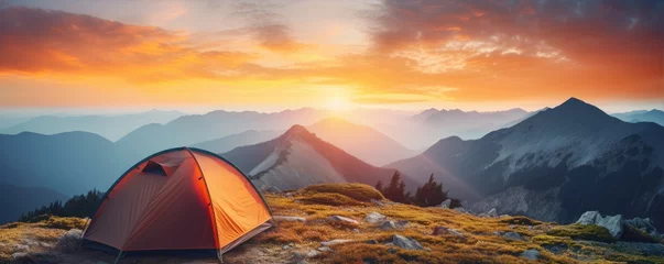 Fotobehang Camping tent at sunset light in beautiful mountains. nature camping theme © amazingfotommm