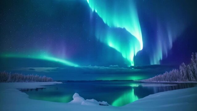 Aurora borealis over snowy winter landscape, beautiful green northern lights aurora. Travel adventure landscape background.