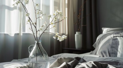 In a modern bedroom with Scandinavian interior design a glass vase with a flower bouquet sits near 