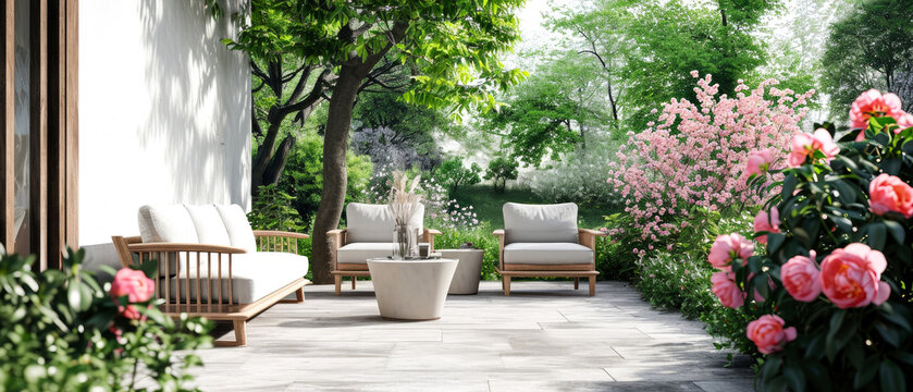 Minimal mock up with suburban patio of penthouse. Backyard terrace with plants, blooming peonies,  lounge furniture. Luxury exterior design. Villa facade. Copy space. Generative ai