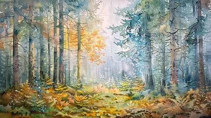 Obraz premium Autumn's Golden Glow A Painting of Trees in Fall Generative AI