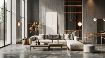 Mockup of furniture room view 3d in the style of realistic still lifes with dramatic lighting