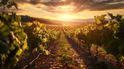 Golden Sunset Vineyard Panorama Lush Grapevines Bathed in Warm Light