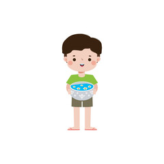 Songkran festival kids thai Traditional holding bowl splashing water Thailand Traditional Happy thai new year Vector Illustration flat style travel concept on white background