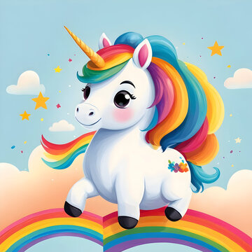 Cartoon Unicorn with rainbow for kids books