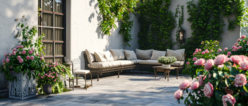 Minimal mock up with suburban patio of penthouse. Backyard terrace with plants, blooming peonies,  lounge furniture. Luxury exterior design. Villa facade. Copy space. Generative ai