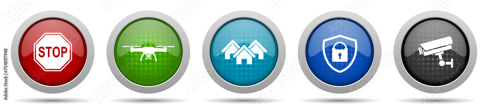 Poster home security icons, miscellaneous buttons such as stop sign, drone, house, cctv camera and padlockf