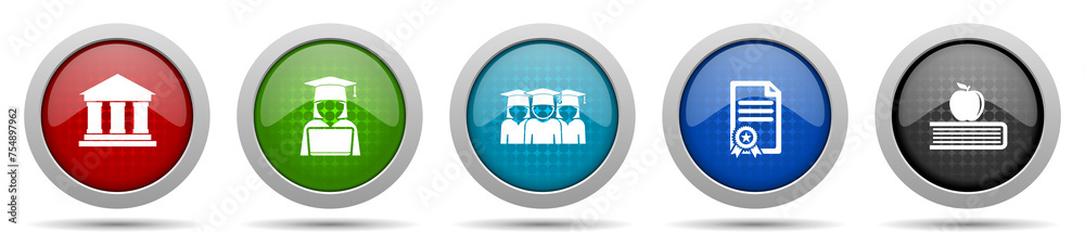 Poster learning and study icons, miscellaneous buttons such as building, student, diploma and book with app