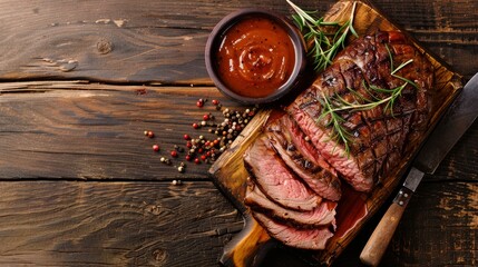 roast beef with sauce on a wooden table - obrazy, fototapety, plakaty