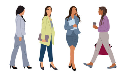 Set of Modern business women. Vector illustration of diverse standing, walking cartoon girls in smart casual, formal office outfits with laptop, coffee cup, front, side view Isolated.