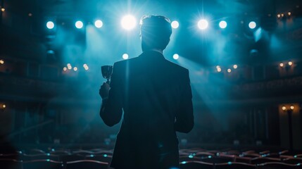 Acceptance Speech at Awards Ceremony with Man Holding Cup on Stage