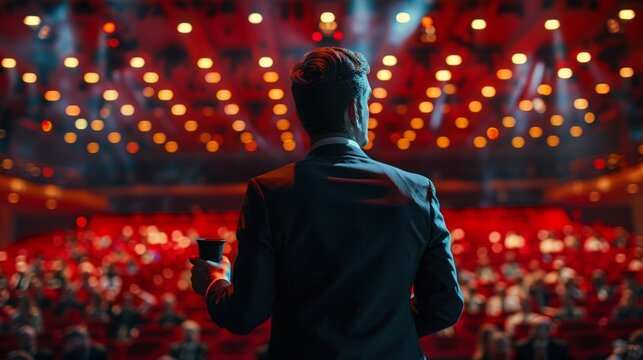 Acceptance Speech At Awards Ceremony With Man Holding Cup On Stage