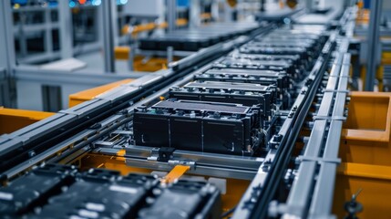 Mass Production Assembly Line of Electric Vehicle Battery Cells Close-Up View - obrazy, fototapety, plakaty