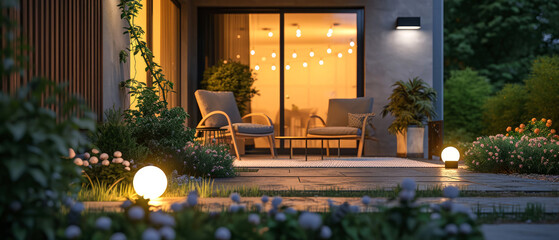 Evening scene with backyard, terrace with plants, lounge furniture, lantern. Layout with peonies, blooming garden. Penthouse patio. Exterior design. Villa facade. Copy space. Generative AI - obrazy, fototapety, plakaty