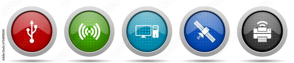 Poster technology icons, miscellaneous buttons such as usb, wifi, computer, satellite and printer, circle g