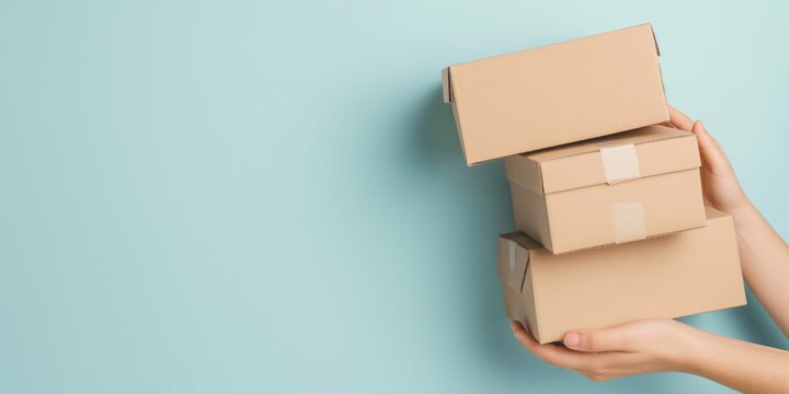Person holding a stack of plain cardboard boxes against a soft blue background, concept for delivery or moving day.