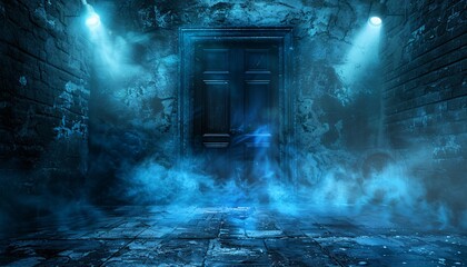 Ghostly Doorway in a Blue-lit Hallway Generative AI