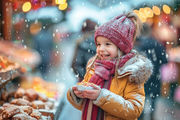 Young happy little girl buying sweets on Christmas market during winter day