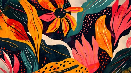 Vibrant Hand-Drawn Abstract Illustration of Tropical Flowers and Leaves in Bold Colors with Geometric Patterns and Textured Background