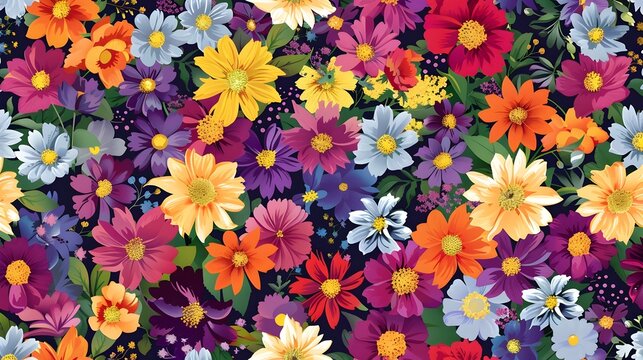 Vibrant Floral Medley in Bold Colors on Dark Background - Digital Illustration