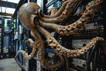 Obraz premium An octopus is seen sitting on a rack in a server room, possibly engaged in unauthorized activities on the computer systems.