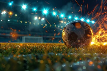 Fiery soccer ball on stadium field at night. Generative AI - obrazy, fototapety, plakaty