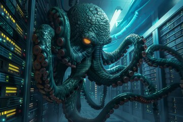 Obraz premium A massive octopus with an eye patch and smoking pipe is wreaking havoc in a server room, hacking into the computer systems.
