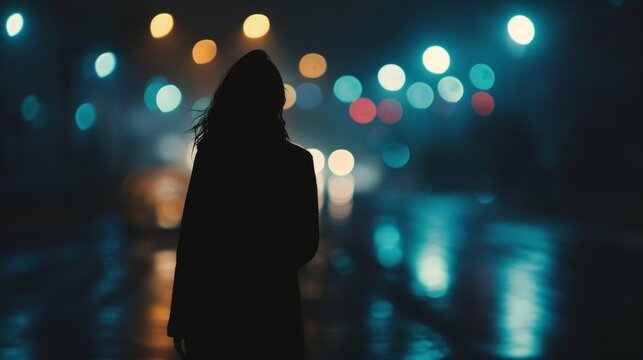 Young Woman Walking Home Alone At Night, Fear Of Stalker And Assault