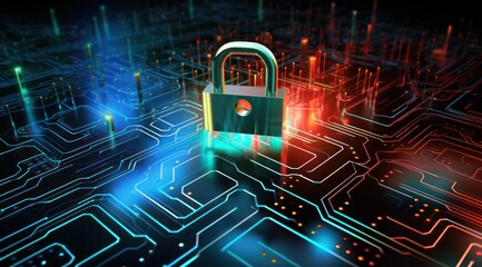 Concept de cybers&eacute;curit&eacute;, cadenas sur une carte de circuit &eacute;lectronique, image avec espace pour texte.